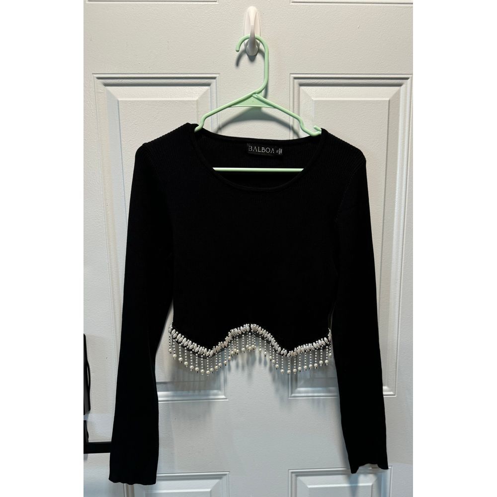 Women's Balboa‎ Pearl Fringe Embellished Cropped Black Sweater Size XL